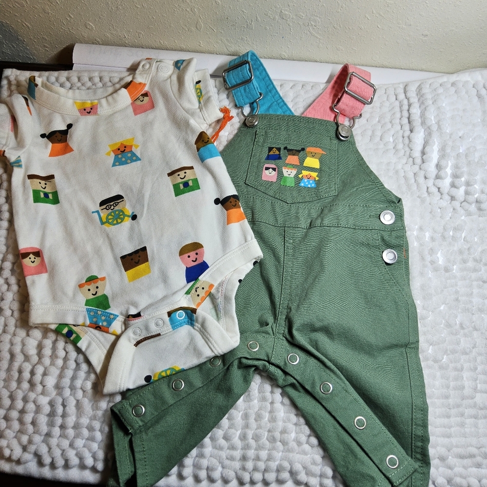1 Christian Robinson print overalls and onsie size 0/3 mos